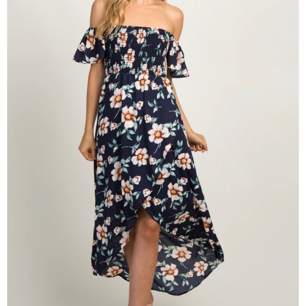 PinkBlush Blue Floral Off Shoulder Smocked Wrap Dress